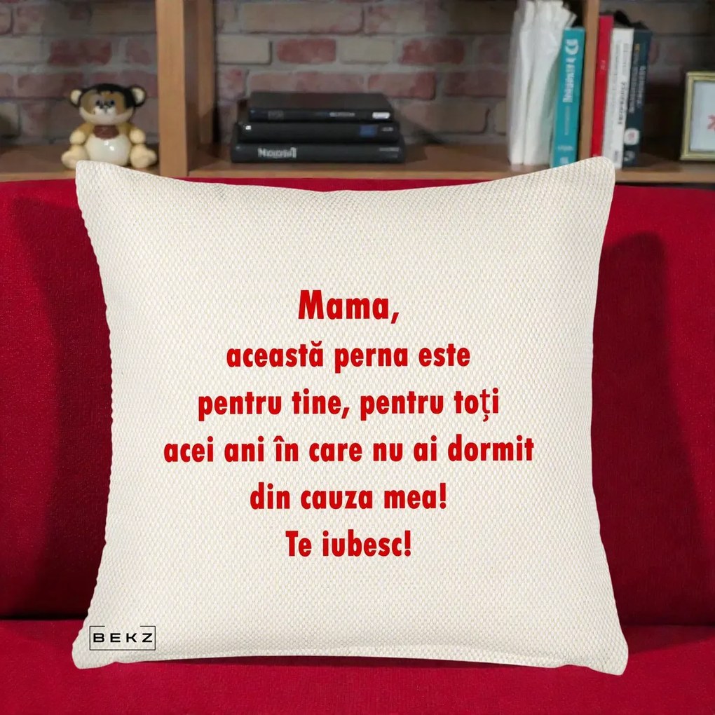 Cadou pentru Mama - Perna Personalizata Perna pentru Mama, 40x40 cm, Crem Reliefat, Husa Detasabila, Perna Inclusa, BEKZ®