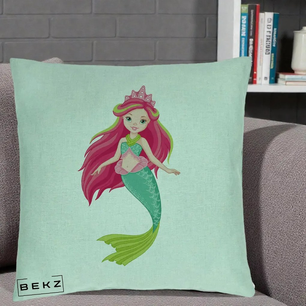 Perna Decorativa Sirena Roz cu Coroana, 40x40 cm, Verde Menta, Husa Detasabila, Perna Inclusa, BEKZ®