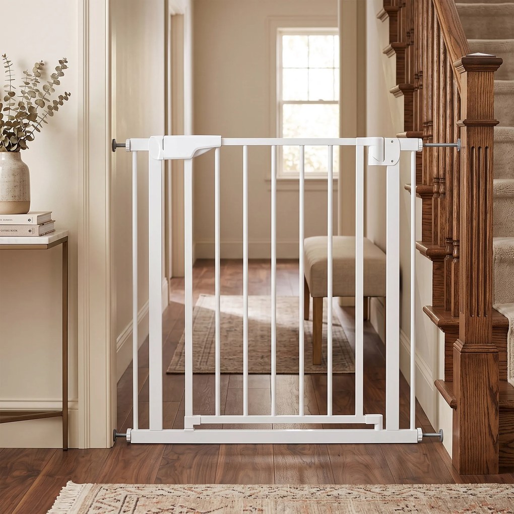 PawHut Poartă de Siguranță pentru Copii și Animale, Poartă pentru Câini cu Închidere Automată, Deschidere în Ambele Direcții, Montare prin Presiune, 76-82x76 cm, Alb | Aosom Romania