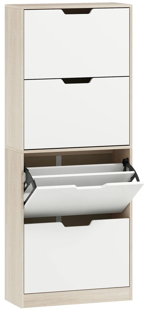 HOMCOM Dulap Subțire pentru Pantofi cu 4 Sertare pentru 16 de Perechi de Pantofi 62.5x26x156 cm, Culoare Lemn și Alb | Aosom Romania