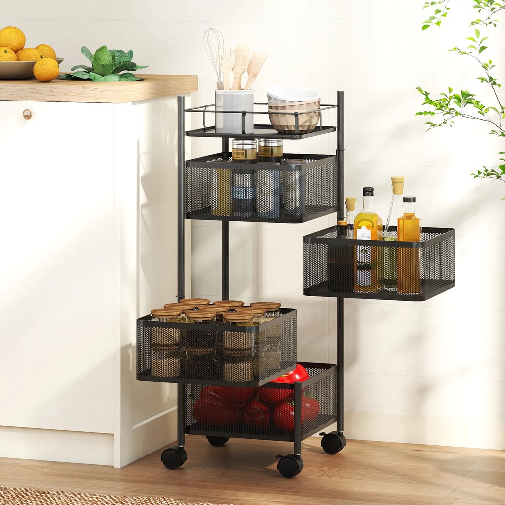 HOMCOM Cărucior de bucătărie pe roți, 5 nivele, cărucior de depozitare 4 coșuri rotative, raft, 27,5x27,5x77cm, negru | Aosom Romania