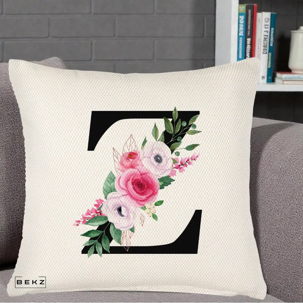 Cadou Personalizat - Perna Personalizata Monograma Florala Litera Z cu Buchet, 40x40 cm, Crem Reliefat, Husa Detasabila, Perna Inclusa, BEKZ®
