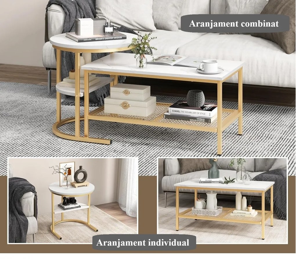 MCAU19 - Set 2 masute de cafea 80 cm si 52 cm, mese pentru living - Alb - Negru / Auriu