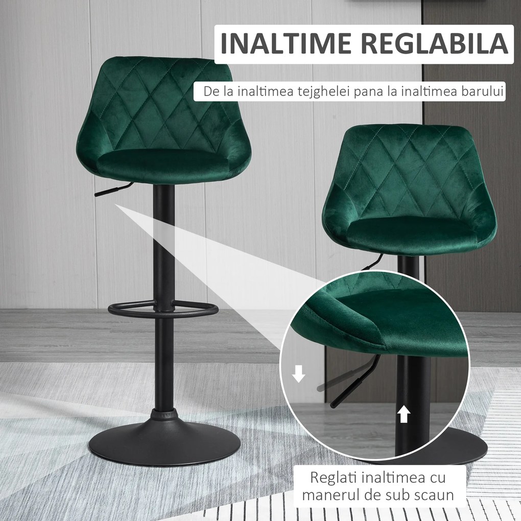 Set 2 Scaune de Bar Pivotante HOMCOM, Efect Catifelat, 51,5x48x83-104cm, Verde | Aosom Romania