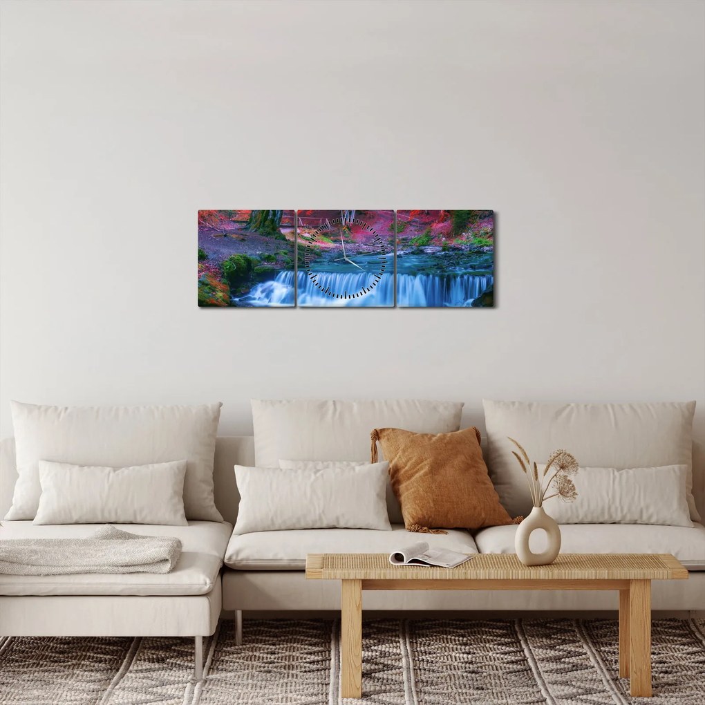 Tablou - Cascada în pădurea roșie (cu ceas) (90x30 cm)