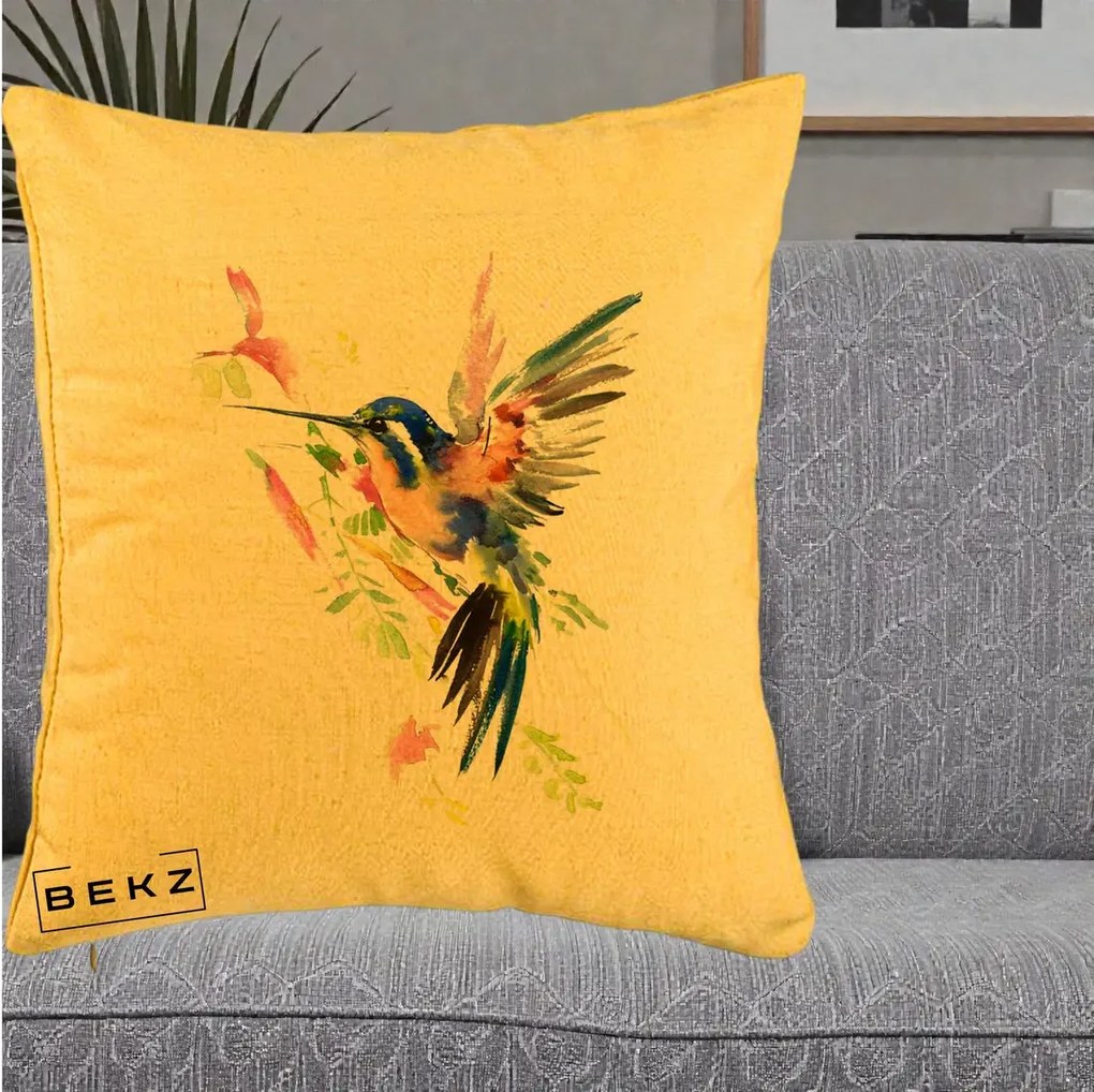 Perna Decorativa Colibri Acuarela, 40x40 cm, Galben, Husa Detasabila, Perna Inclusa, BEKZ®