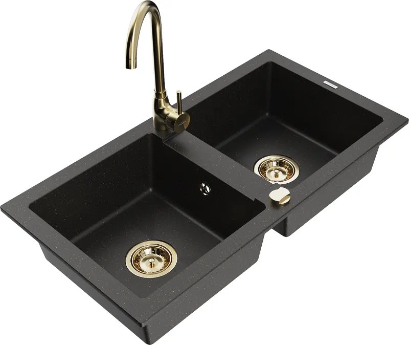 Mexen Mario chiuvetă de bucătărie din granit 2 compartimente cu baterie Telma, negru/auriu - 6504-75-670200-50