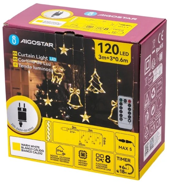 Aigostar - LED șir luminos de Crăciun pentru exterior 120xLED/6W/230V/8 funcții 3x0,6m IP44 alb cald+telecomandă