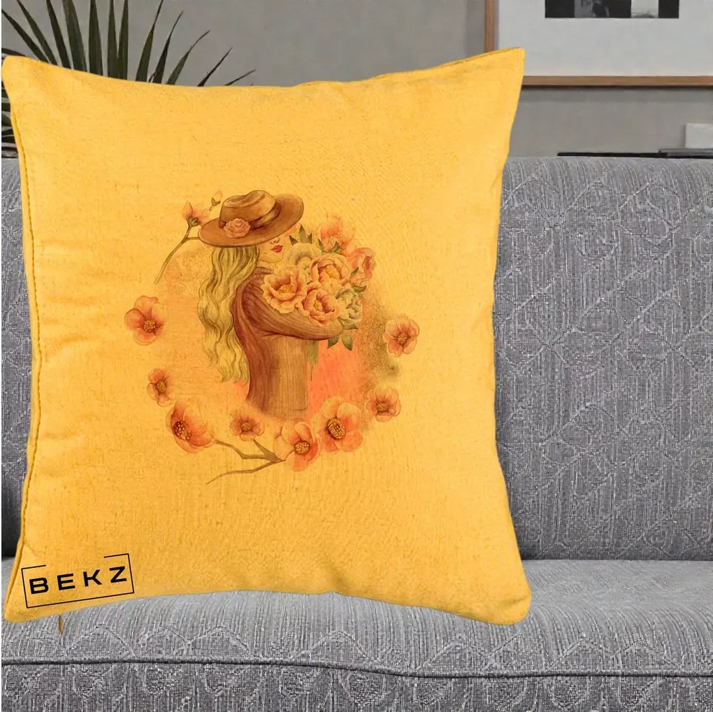 Perna Decorativa Femeie cu Flori Roz Acuarela, 40x40 cm, Galben, Husa Detasabila, Perna Inclusa, BEKZ®
