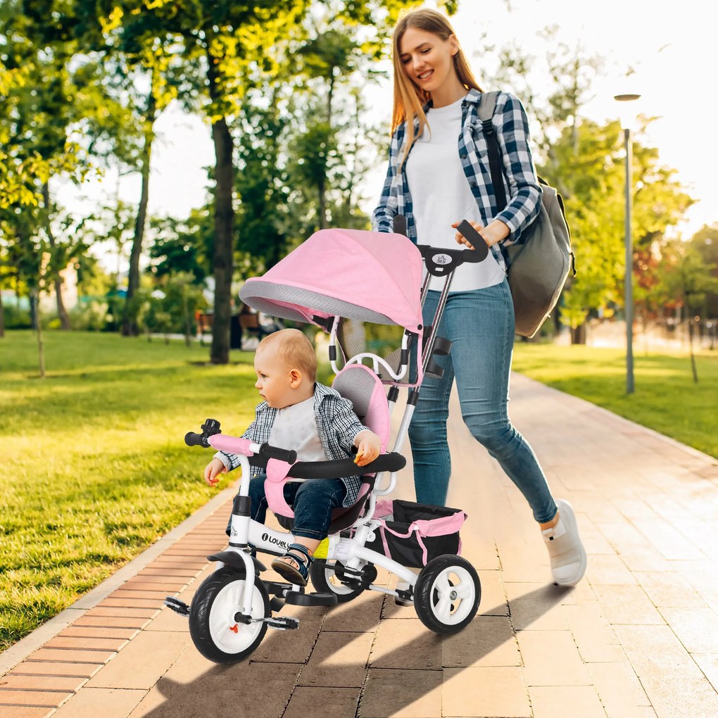 HOMCOM Tricicletă pentru Copii cu Mâner, 95x50x106 cm, Roz | Aosom Romania