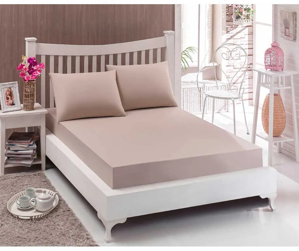 Cearceaf pat 1 persoana cu elastic, Acasa, 100% bumbac, 90x200 cm, bej