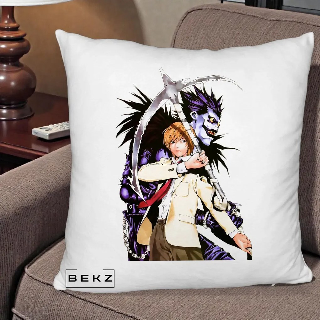 Perna Personalizata Death Note Light si Ryuk Duo, 40x40 cm, Alb Pufos, Husa Detasabila, Perna Inclusa, BEKZ®