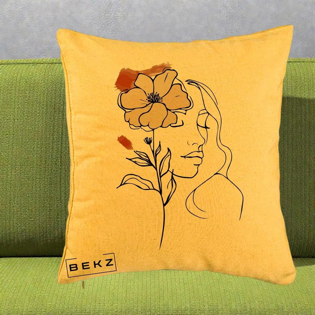 Perna Decorativa Portret Feminin Floare Bej Terracotta, 40x40 cm, Galben, Husa Detasabila, Perna Inclusa, BEKZ®