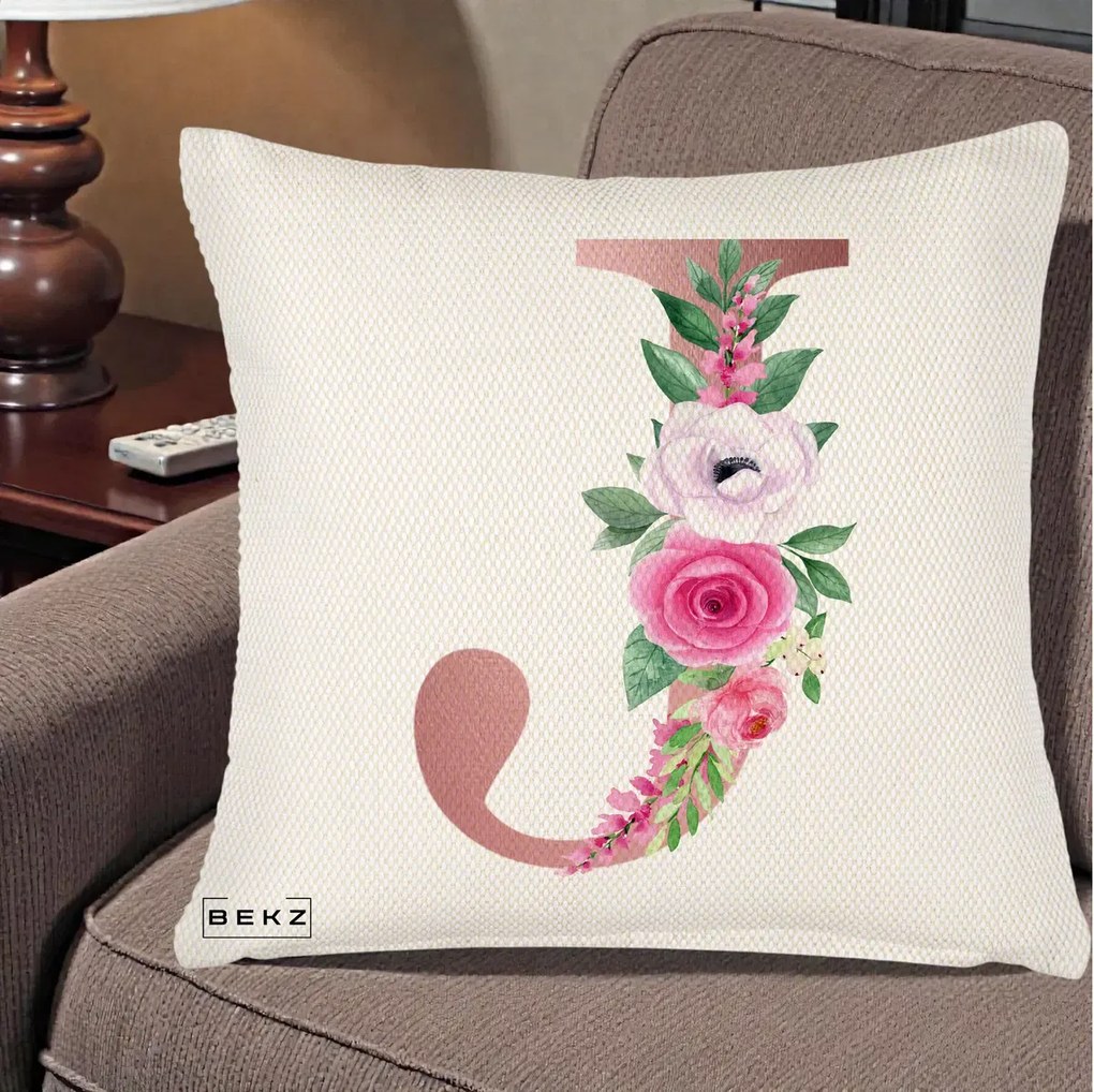 Cadou Personalizat - Perna Personalizata Monograma Rose Gold Litera J, 40x40 cm, Crem Reliefat, Husa Detasabila, Perna Inclusa, BEKZ®
