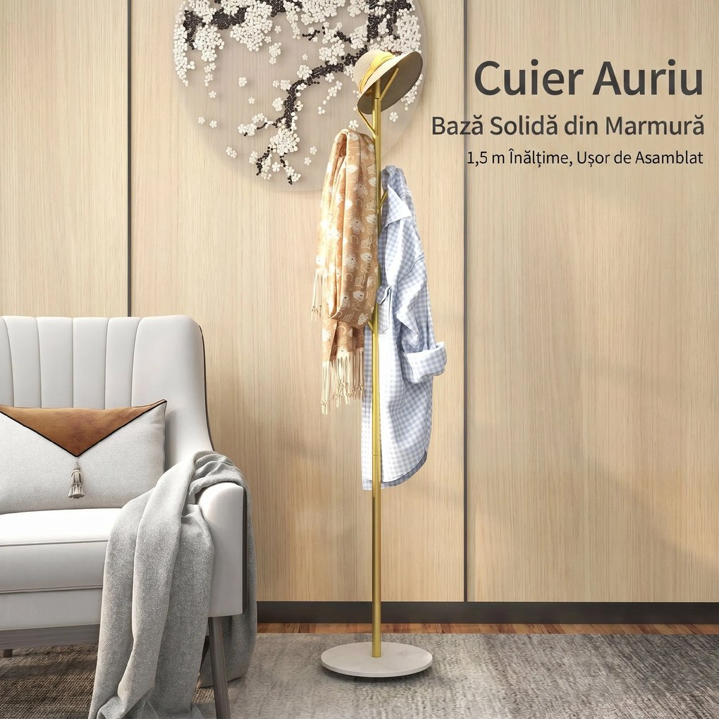 HOMCOM Cuier de Podea Autoportant cu 8 Cârlige și Bază din Marmură, Ø32x164 cm, Auriu | Aosom Romania