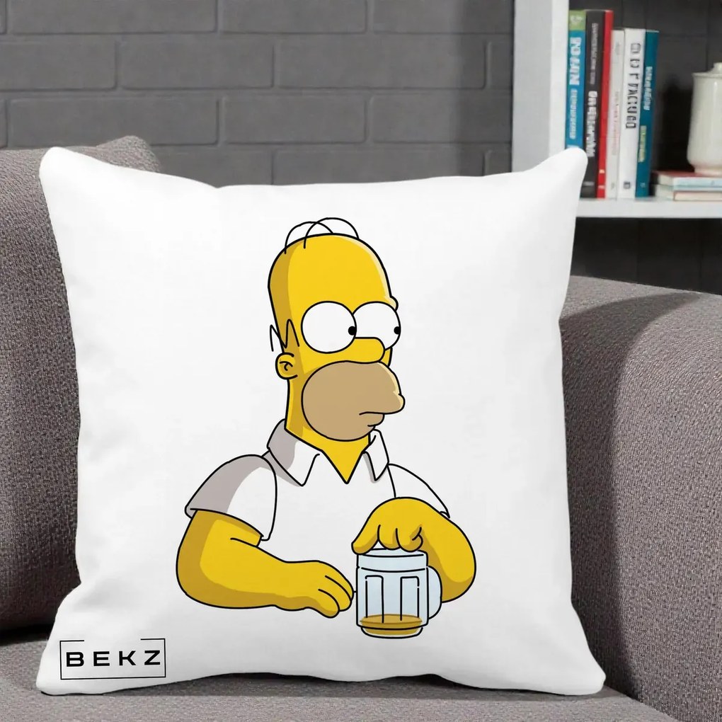 Perna Personalizata Homer Simpson cu Bere, 40x40 cm, Alba Mata, Husa Detasabila, Perna Inclusa, BEKZ®