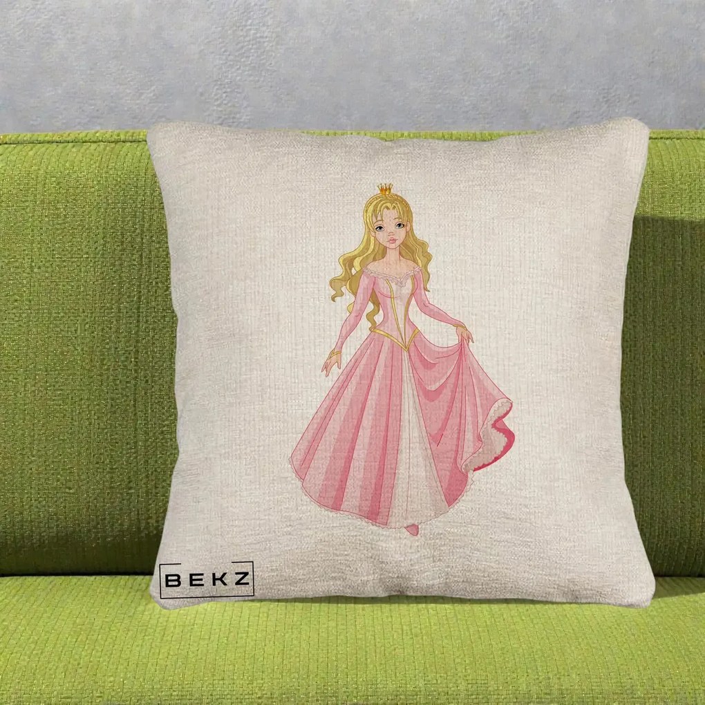 Perna Decorativa Printesa Aurora Rochie Roz, 40x40 cm, Bej Canapea, Husa Detasabila, Perna Inclusa, BEKZ®
