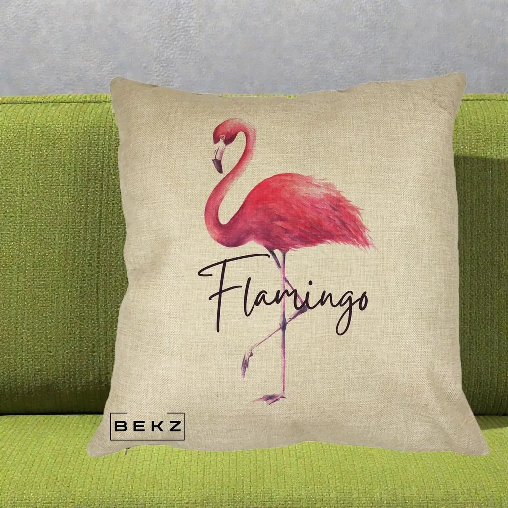 Perna Decorativa Flamingo Acuarela, 40x40 cm, Crem, Husa Detasabila, Perna Inclusa, BEKZ®