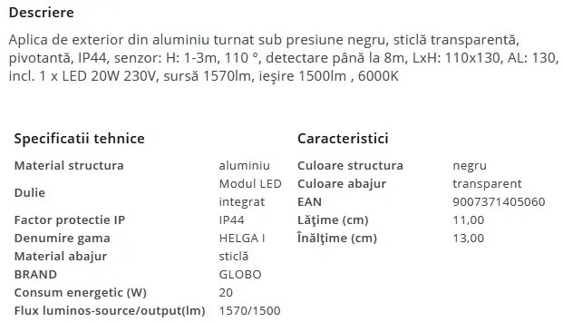 Aplica LED de exterior cu senzor de miscare IP44 HELGA I