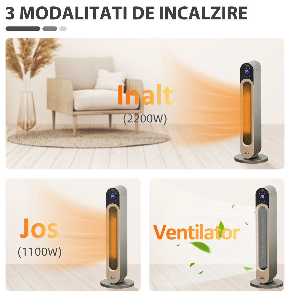 Incalzitor electric oscilant cu 3 moduri de incalzire cu temperatura reglabila si telecomanda, din ABS, Φ25x73,5 cm, argintiu HOMCOM | Aosom RO