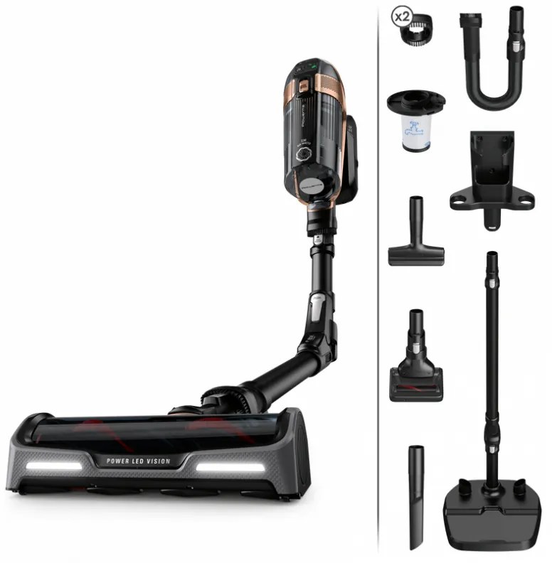 Aspirator vertical Rowenta X-Force Flex 15.60 RH99F1, 520W, 230AW, 0.9 litri, 32.4V, Autonomie 80 min, Auto power, LED, Display, Flex, Negru/Bronz