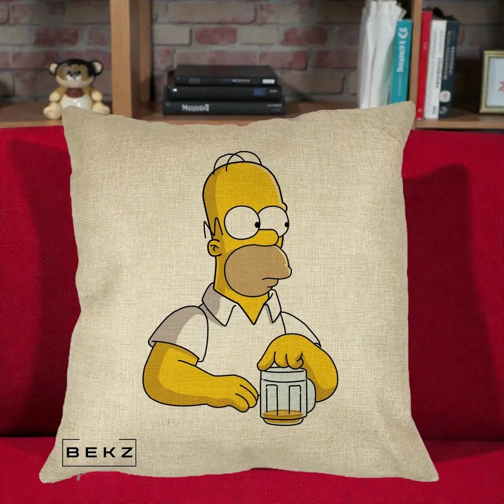 Perna Personalizata Homer Simpson cu Bere, 40x40 cm, Crem, Husa Detasabila, Perna Inclusa, BEKZ®