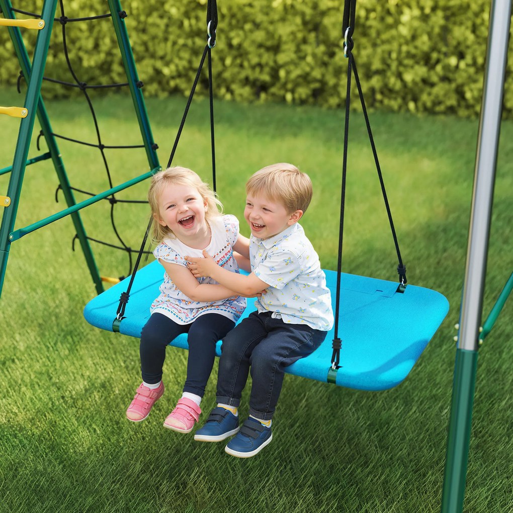 AIYAPLAY Cadru 5-în-1 pentru leagăn cu leagăn-tip-cuib reglabil, inele de gimnastică, scaun dublu, cadru de cățărare pentru 3-8 ani 440x175x203 cm | Aosom Romania