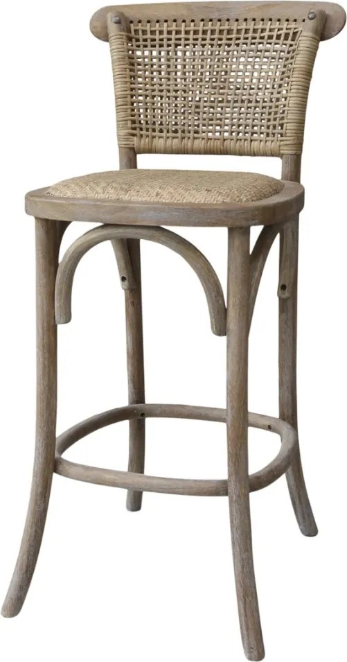 Scaun de bar cu spătar cannage din lemn de hevea și ratan, natur, cu arcuri și suport inelar pentru picioare, 103 x 51,5 x 43,5 cm, „Old French”