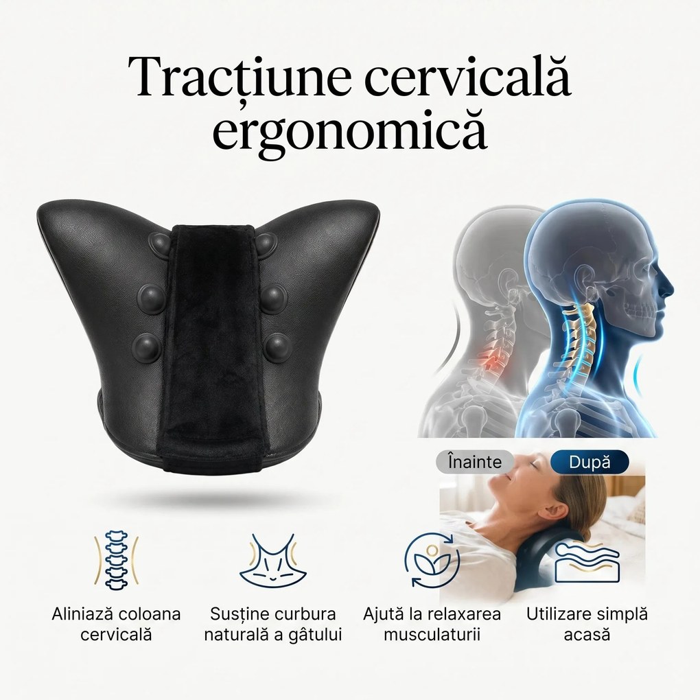 Dispozitiv tractiune cervicala memory foam cu incalzire pentru gat, Negru