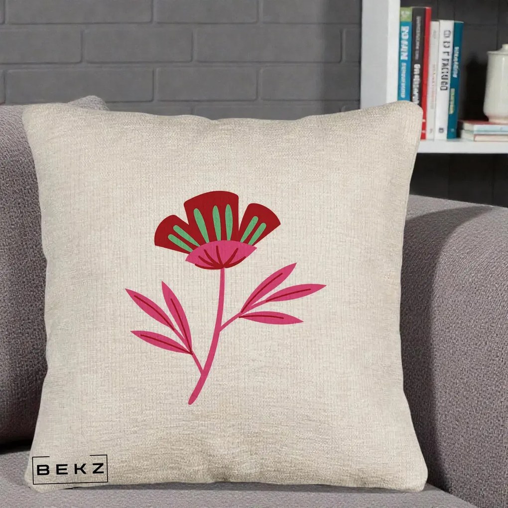 Perna Decorativa Floare Macul Roz-Rosu Grafic, 40x40 cm, Bej Canapea, Husa Detasabila, Perna Inclusa, BEKZ®