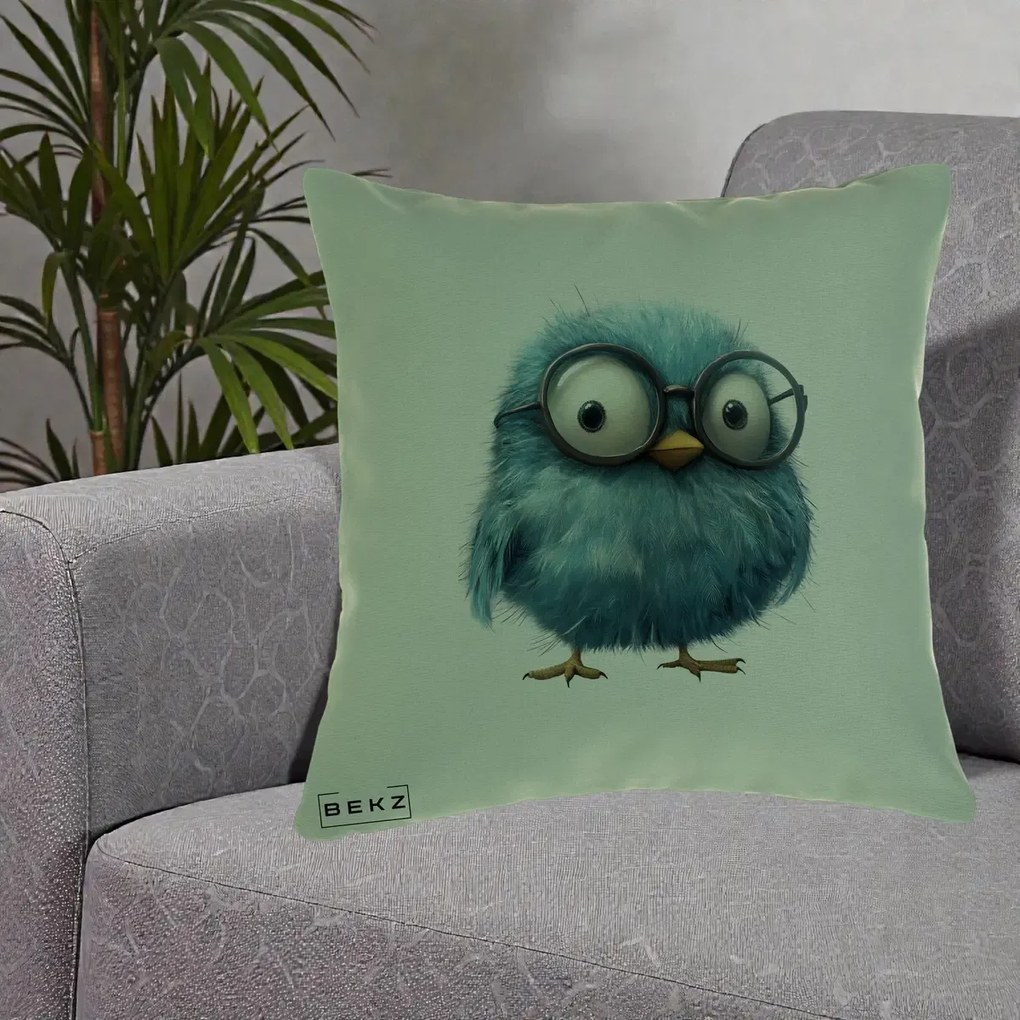Perna Decorativa Pui Pufos Teal cu Ochelari, 40x40 cm, Verde, Husa Detasabila, Perna Inclusa, BEKZ®
