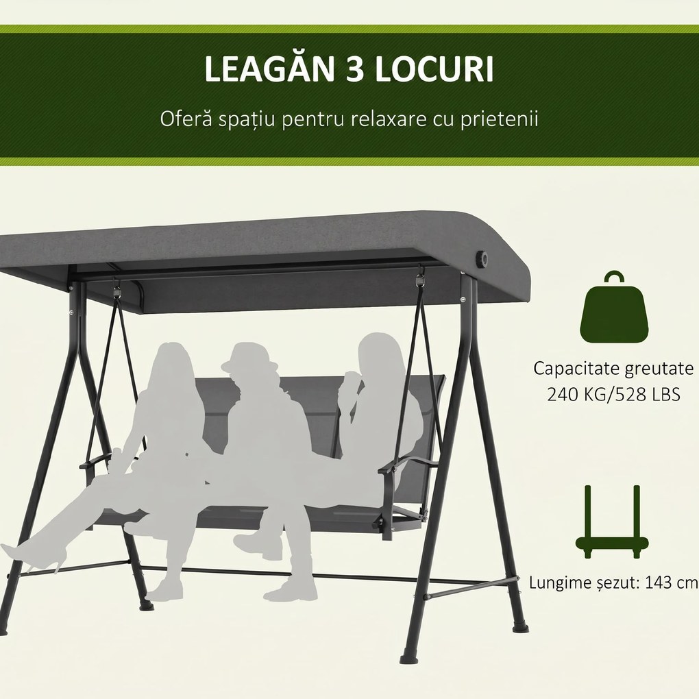Outsunny Balansoar de Grădină cu 3 Locuri, Copertină Reglabilă și Picioare Anti-alunecare, 195x118x170 cm, Gri Închis | Aosom Romania