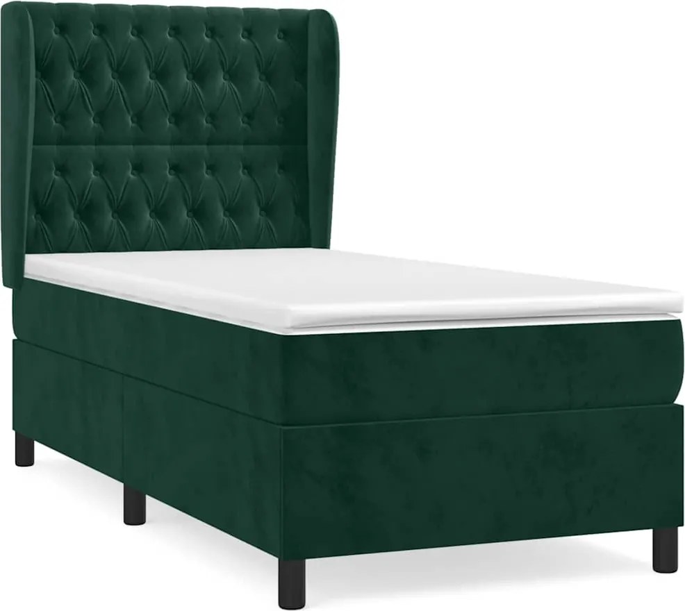 vidaXL Pat box spring cu saltea, verde închis, 90x200 cm, catifea