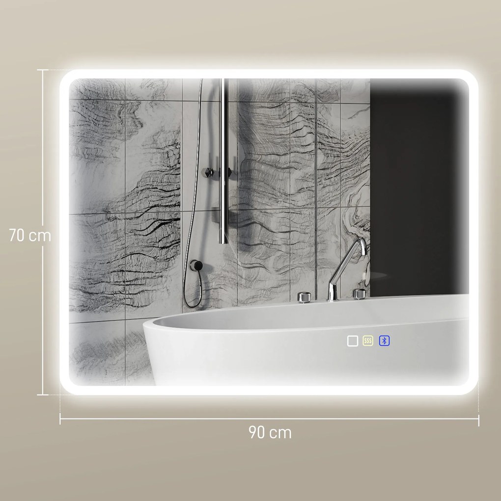 HOMCOM Oglindă de baie LED bluetooth 70 x 90 cm interruptor tactil lumină reglabilă 3 culori anti-abur memorie argintiu | Aosom Romania