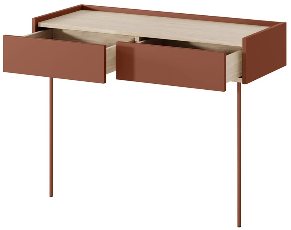Masă de machiaj cu sertare Desin 100 cm cu picioare metalice - ceramic red / stejar nagano
