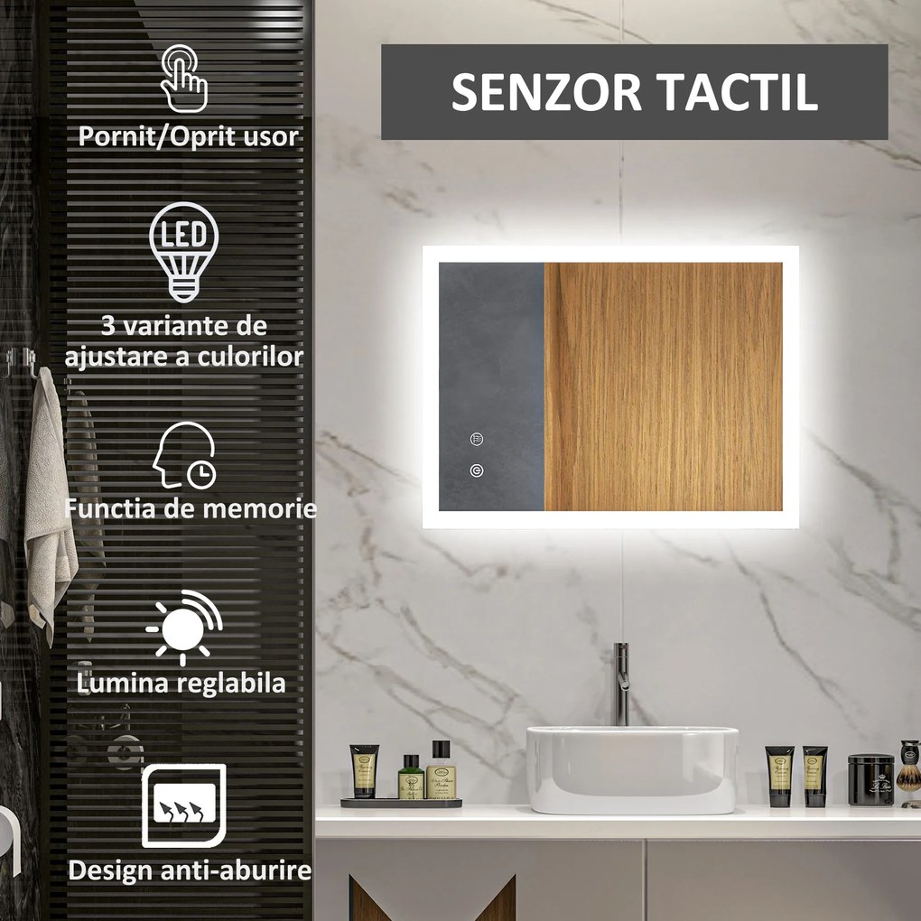 Kleankin Oglinda LED, Oglinda de Machiaj de Perete cu 3 Lumini, 800x600mm, Tactilă, Anti-Ceță, Montare Orizontală/Verticală | Aosom Romania