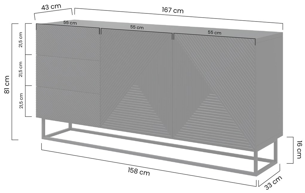 Comodă cu sertare Asha 167 cm cu 2 uși - alb mat / cadru negru