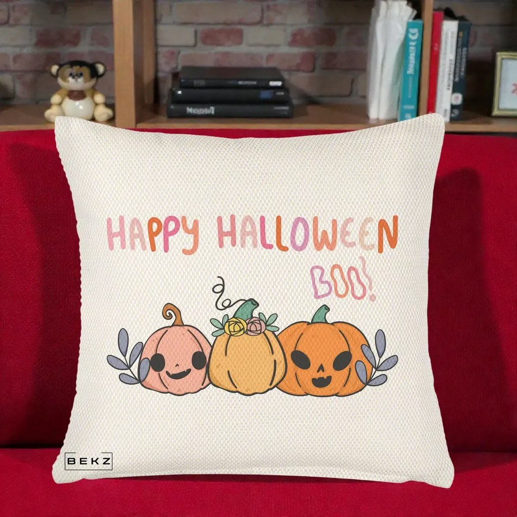 Perna Decorativa Happy Halloween Boo Trei Dovlecei Kawaii, 40x40 cm, Crem Reliefat, Husa Detasabila, Perna Inclusa, BEKZ®