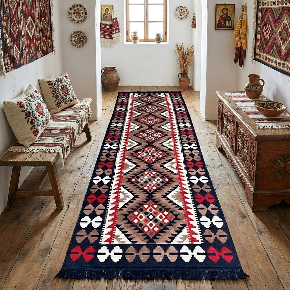 Traversa hol tesuta traditional, 80x300 cm, 2 fete, geometric, bleumarin