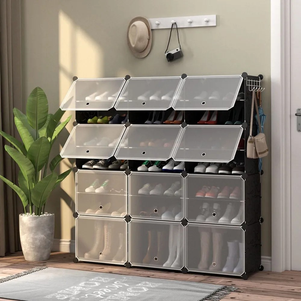 Suport pentru pantofi din plastic cu 12 compartimente și cârlige laterale