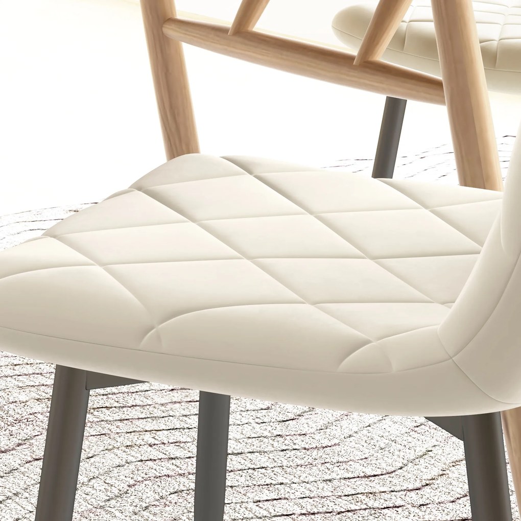 HOMCOM Set de 4 scaune de diningroom capitonate cu spătar înalt, picioare din oțel și material textil cu aspect de catifea, crem | Aosom Romania