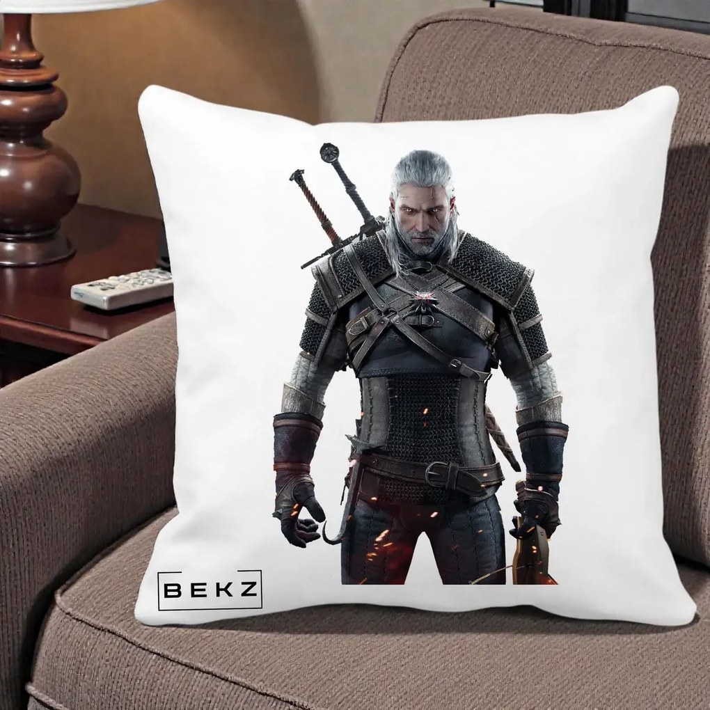 Perna Personalizata The Witcher Geralt of Rivia Portret, 40x40 cm, Alba Mata, Husa Detasabila, Perna Inclusa, BEKZ®