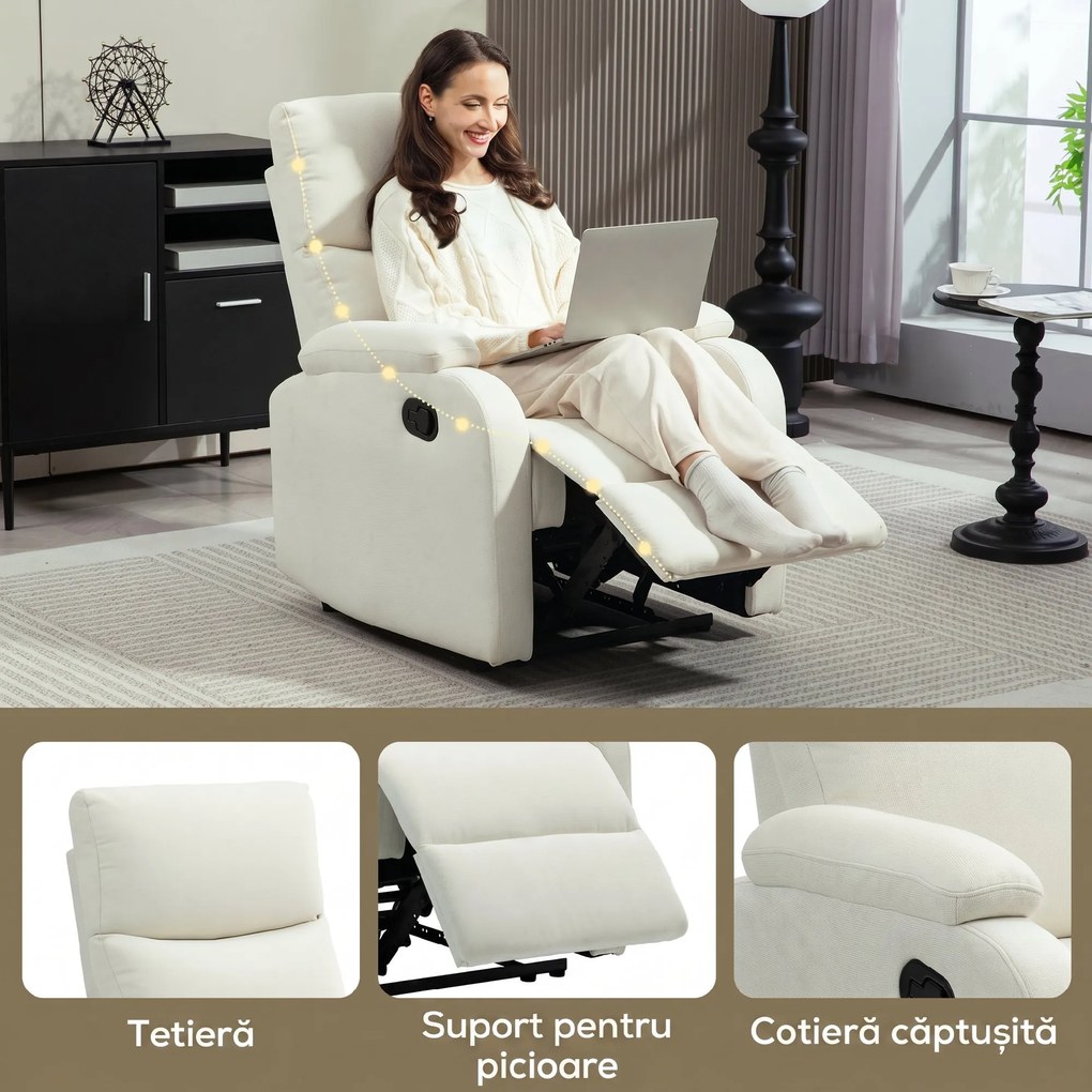 HOMCOM Fotoliu Recliner din In cu Suport Reglabil pentru Picioare, 69x91,5x103 cm, Alb crem | Aosom Romania