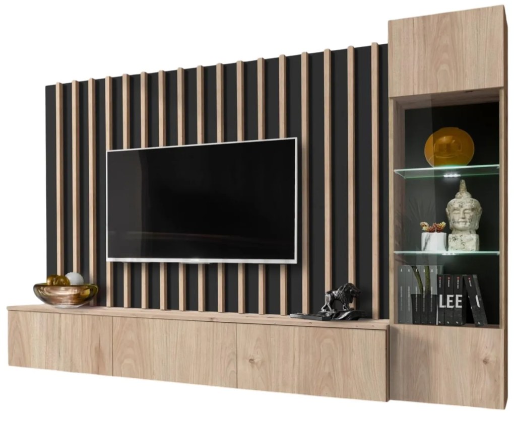Mobilier living Vertic (negru + hikora jackson) (cu iluminat LED). 1097587