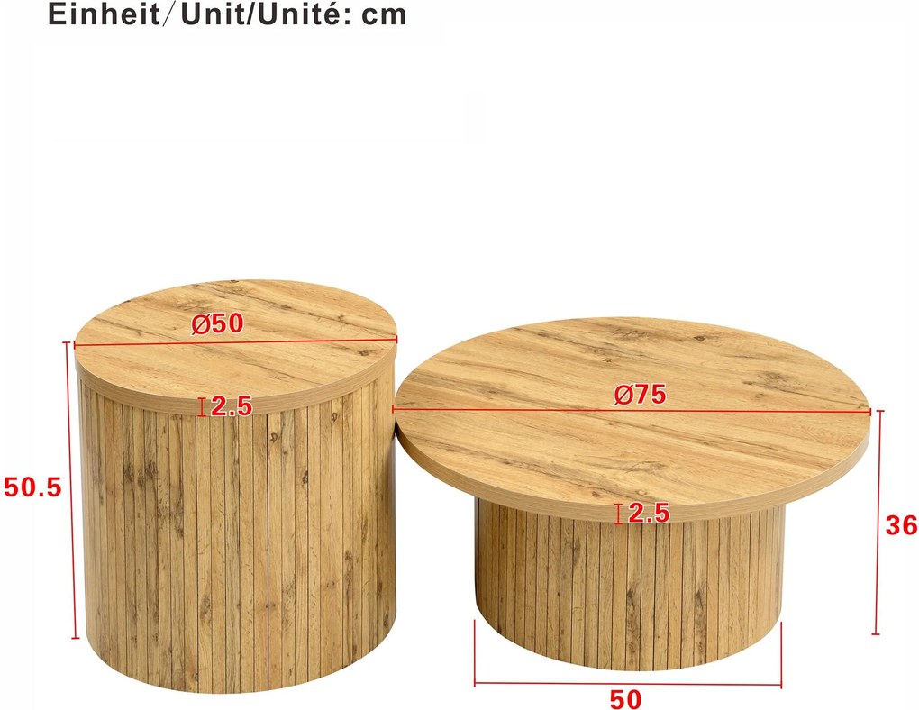 Set de 2 măsuțe de cafea rotunde, cu fronturi cu lamele verticale din lemn natural și colțuri rotunjite, 75x75x36 cm/50x50x50,5 cm, Culoare naturală
