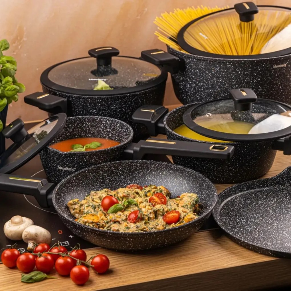 Set oale marmorate cu tigaie clatite si capace 12 piese Klausberg KB-7966, negre