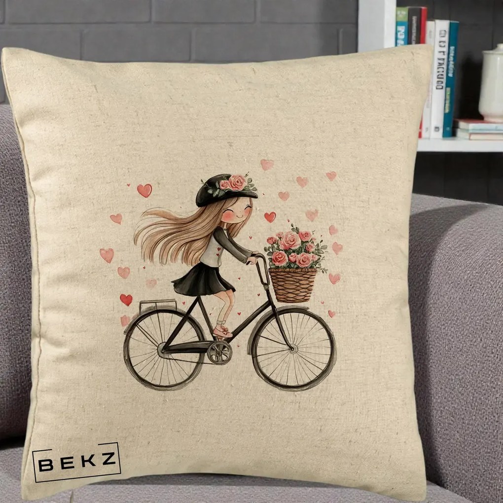 Perna Decorativa Fetita Kawaii pe Bicicleta cu Trandafiri si Inimioare, 40x40 cm, Bej, Husa Detasabila, Perna Inclusa, BEKZ®