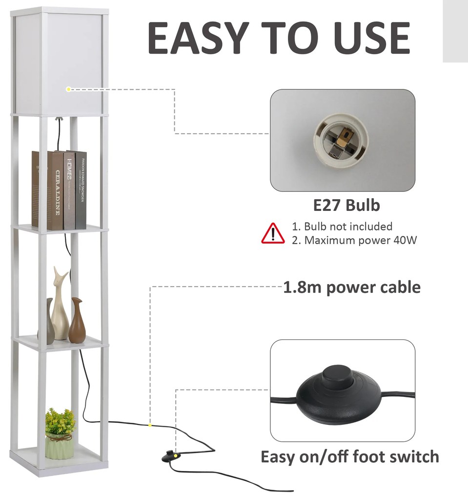 Lampa de Podea HOMCOM cu 3 Polite Integrate, Cuplare E27 Putere 40W, MDF, 26x26x160cm, Alb | Aosom Romania