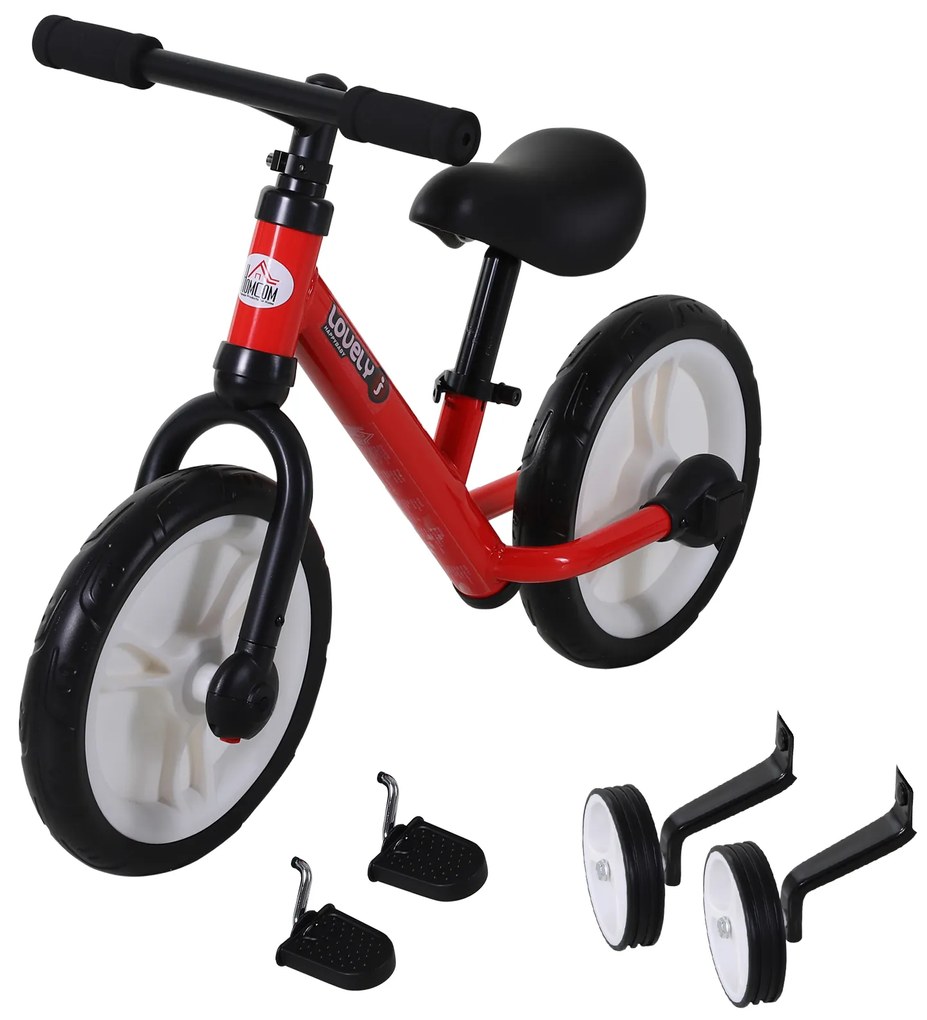 HOMCOM Bicicletă pentru copii cu pedale 2 în 1, roți și pedale detașabile, roți de 12" cu înălțimea șeii reglabilă pentru copii de la 2 la 5 ani, oțel roșu | Aosom Romania