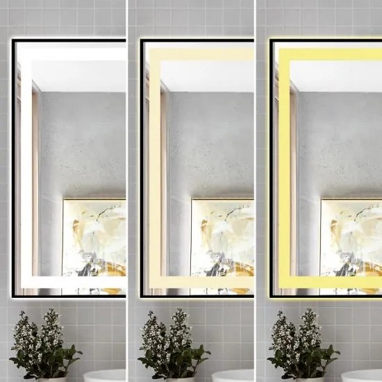 Oglindă Baie LED Elit's Premium cu Senzor de Miscare , Lumina Rece, Caldă și Neutră, 80x60cm, rama Neagra, Ceas